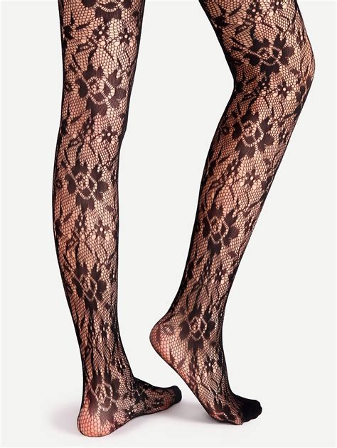 Black Floral Pattern Jacquard Pantyhose Stockings Sheinsheinside