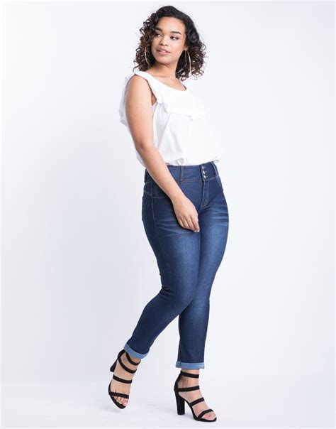 Plus Size Buttoned Up Cuffed Skinny Jeans 2020ave