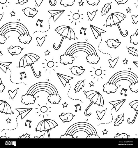 Cute Seamless Doodle Pattern With Cloud Rainbow Umbrella Sun Star