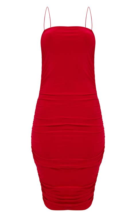 red slinky ruched midi dress prettylittlething