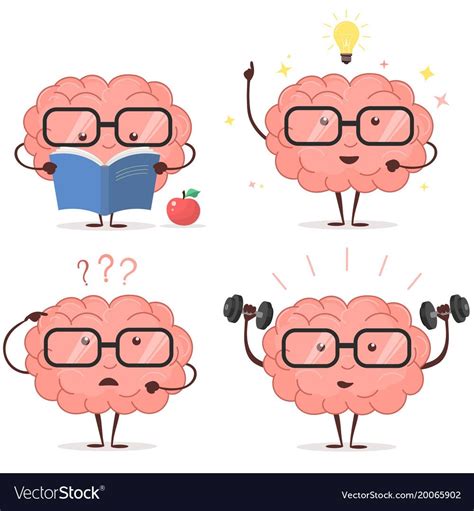 Brain Cartoon Set With Glasses Book Dumbbells Light Bulb On White