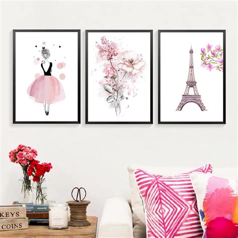 Princess Flowers Eiffel Tower Watercolor Pink Canvas