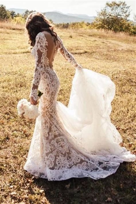 Romantic Long Lace Backless Long Sleeve Mermaid Ivory Wedding Dresses Okdresses
