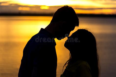 silhouette des couples heureux dans des baisers d amour romantiques au coucher du soleil image
