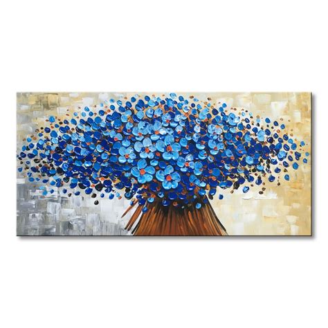 Hand Painted Abstract Canvas Wall Art Blue Flower Oil Painting Framed