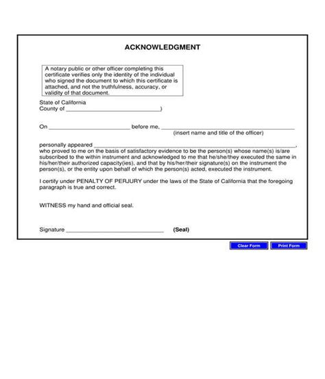 Notary Acknowledgment Form For Recording In California