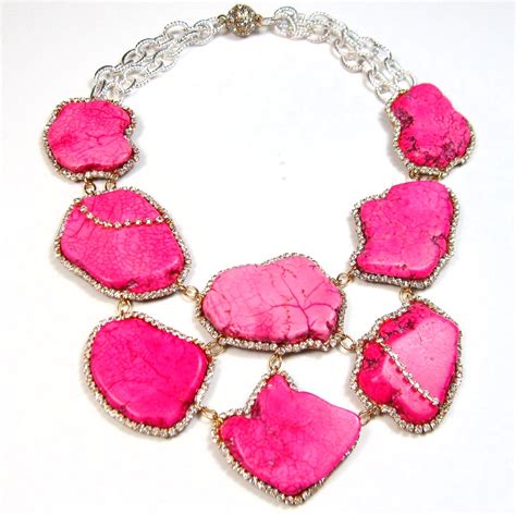 Statement Necklace Pink Turquoise And Crystal Embellished