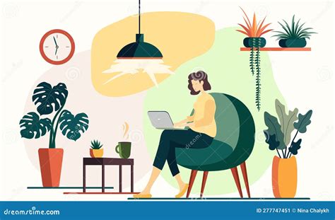 Woman is Sitting in Chair with Laptop. Freelancing, Online Education