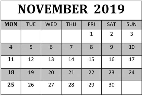 Free Printable November 2019 Calendar Template Calendar Word Calendar