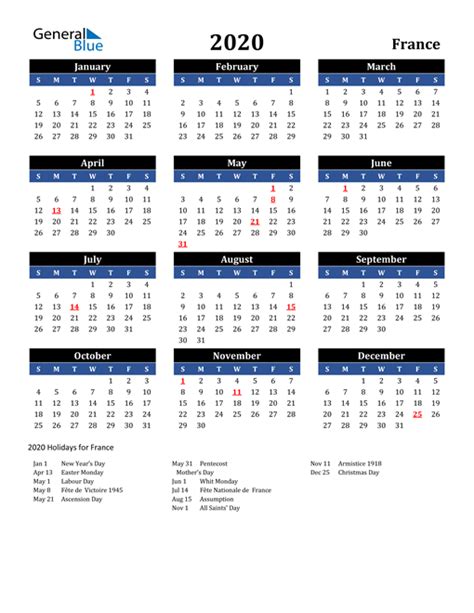 2020 France Calendar With Holidays