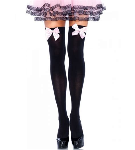 Black Thigh Highs With Pink Bow Womens Costume Stockings Sparkling