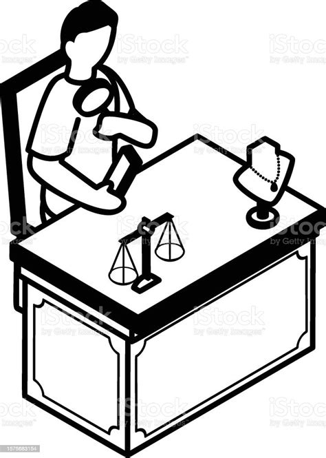 goldsmith sitting behind the table isometric concept jewel maker repairing vector icon design