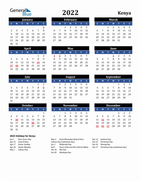 2022 Kenya Calendar With Holidays