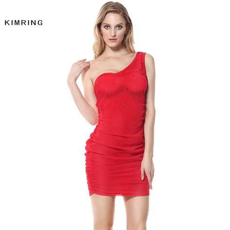 Kimring Sexy Red Dress Christmas Costume Dress One Shoulder Design Women Luxury Beadings Diamond