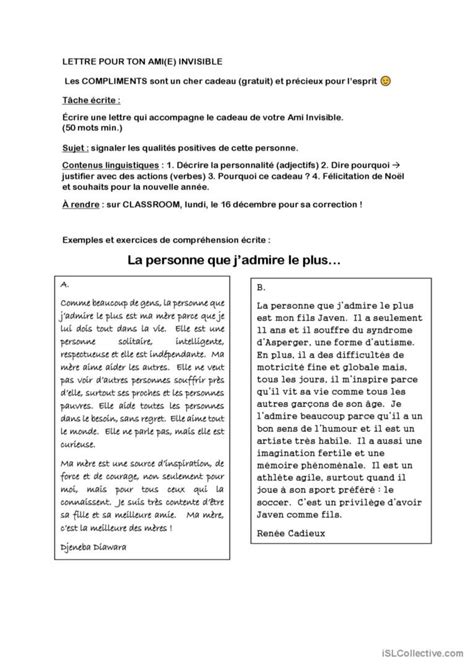 Lettre AMI INVISIBLE compréhension g Français FLE fiches pedagogiques