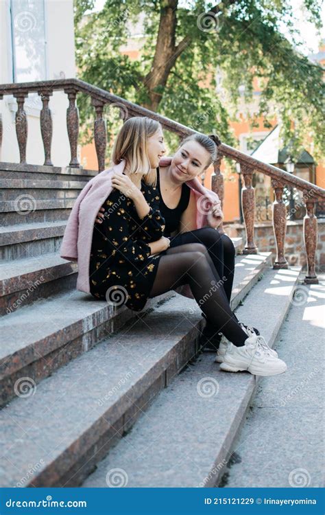 Lgbt Lesbian Couple Love Moments Concept Two Young Lesbians Girls Hugging And Walking Outdoors