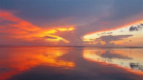 Light Orange Sunset Beautiful View Panorama Orange Sea With Gray Cloud