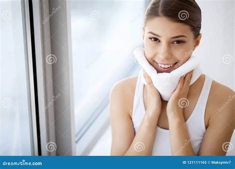 Face Washing Closeup Of Happy Woman Drying Skin With Towel High