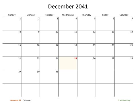 December 2041 Calendar With Bigger Boxes