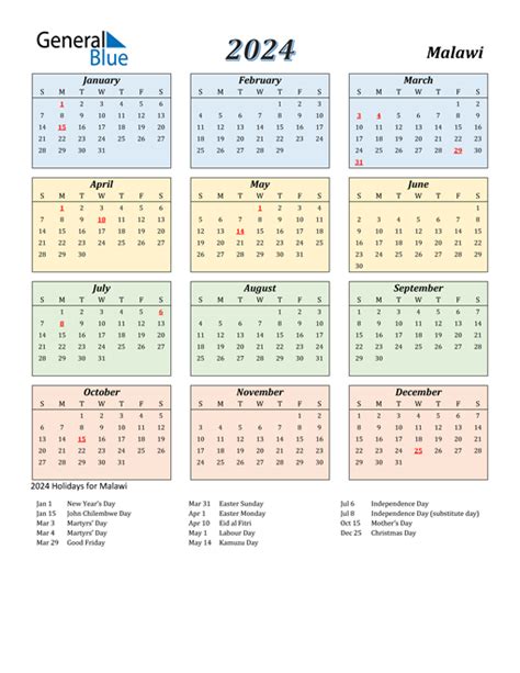 2024 Malawi Calendar With Holidays