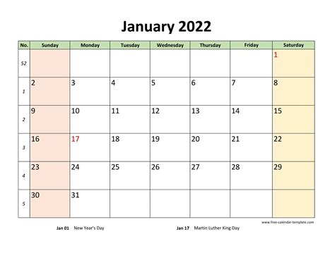 Monthly 2022 Calendar Printable With Coloring On Weekend Horizontal