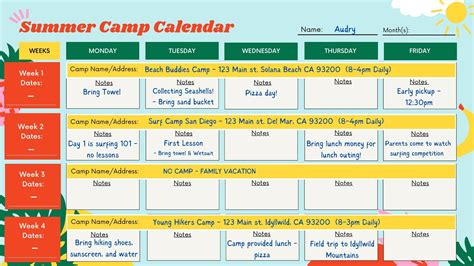 Summer Camp Calendar Etsy