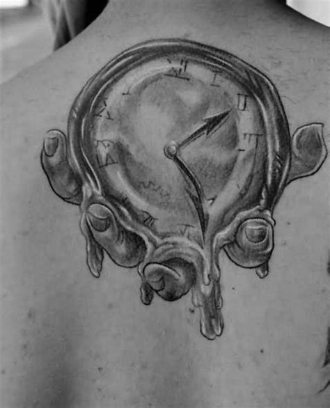 Hand Holding Melting Clock Mens Upper Back Tattoos Salvador Dali Ink