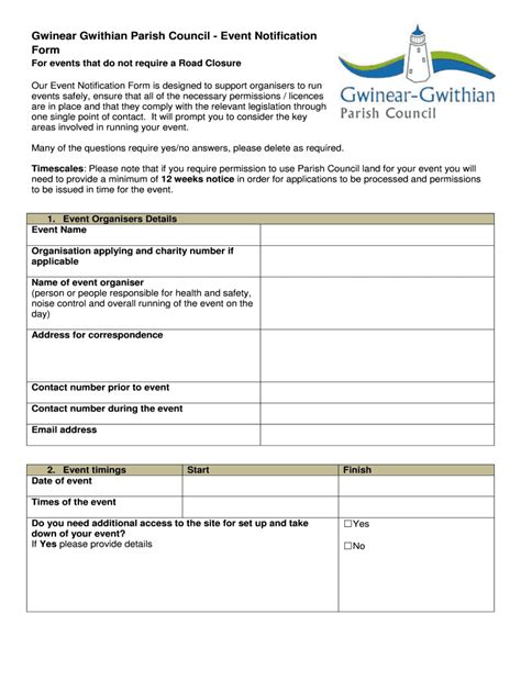 Fillable Online Gwinear Gwithian Parish Council Event Notification Form Fax Email Print