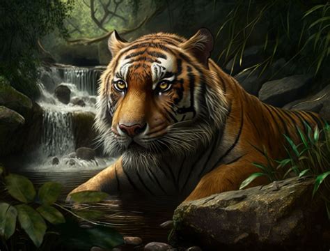 Tiger In Waterfalls Undftd1 Paintings And Prints Animals Birds