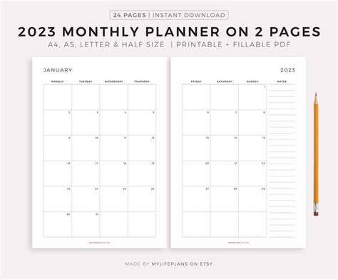 2023 Monthly Planner Printable Dated Month On 2 Pages 2023 Etsy