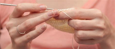 Close Up Of Hands Crocheting With Wool Stock Image Image Of Hook