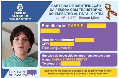 Ciptea Carteira De Identifica O Da Pessoa Com Transtorno Do Espectro Autista Autismo Legal
