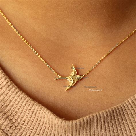 Bird Necklace 14k Solid Yellow Gold Bird Necklace Dainty Etsy