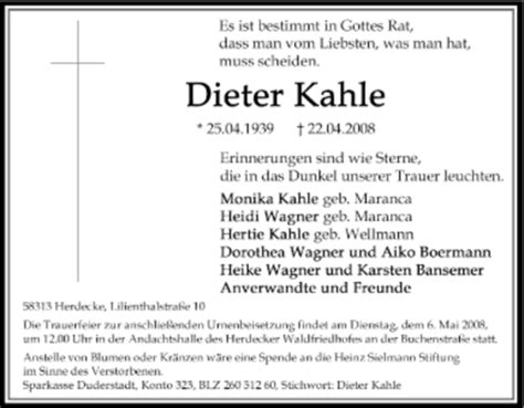 Traueranzeigen Von Dieter Kahle Trauer In Nrwde