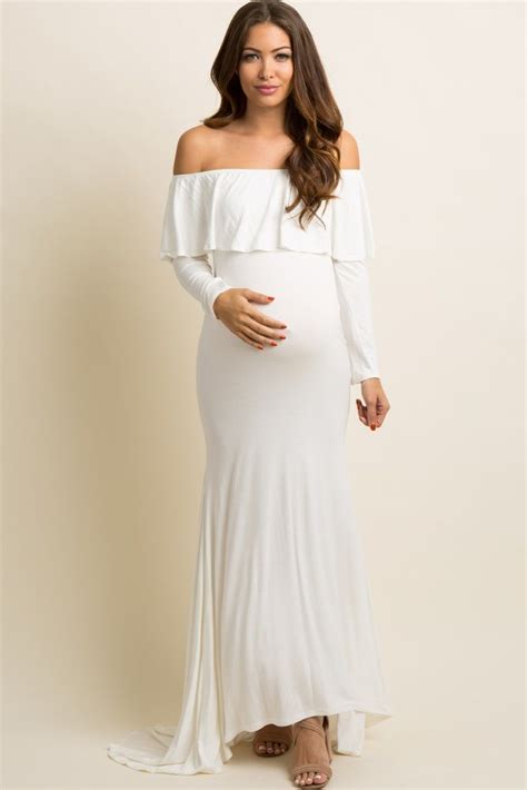 Ivory Off Shoulder Ruffle Maternity Photoshoot Gown Dress With Images