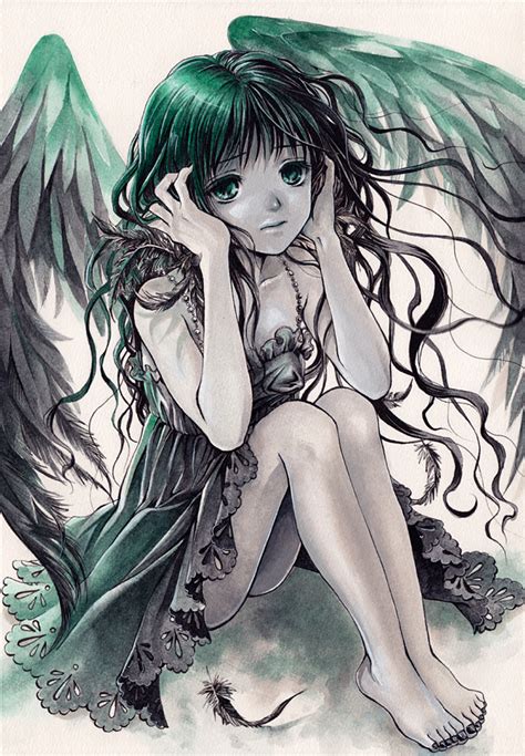 safebooru 1girl angel wings barefoot black dress black wings dress feathers feet green eyes