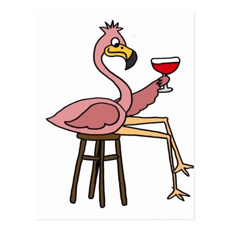 Funny Pink Flamingo Drinking Red Wine Postcard Flamingo