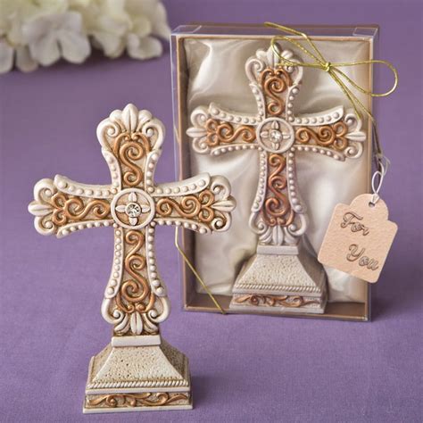 Antique Ivory Cross Statue With A Matte Gold Filigree Detailing