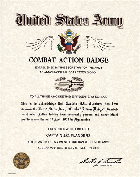 Army Combat Action Badge Certificate