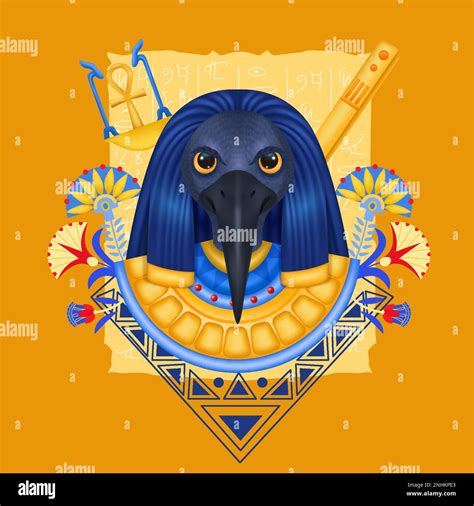 Thoth Egyptian God Composition With Avatar Image Of Ancient God With Beak Decorated With Flowers