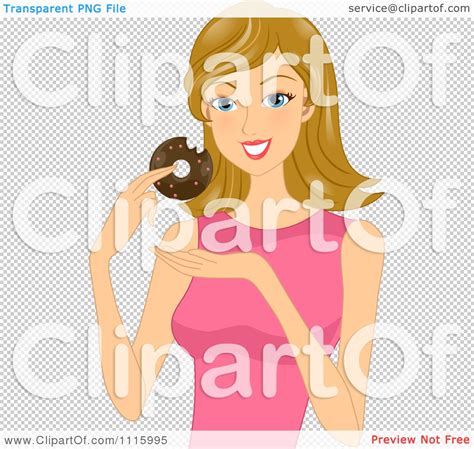 Clipart Happy Blond Woman Eating A Chocolate Donut Royalty Free Vector Illustration By Bnp