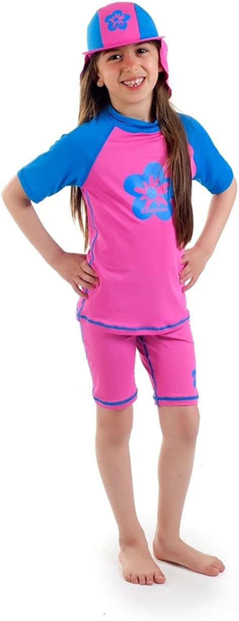 Girls Size 8 Pink Blue Sun Uv Protective Rashguard Swimsuit Swim Shirt And Shorts Spf