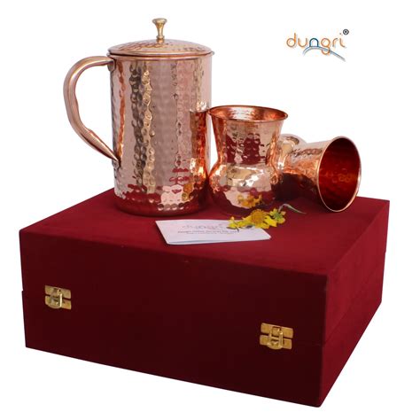Buy Dungri ® Pure Copper Hammered 1600 Ml Pitcher Jug And 2 Copper Tumbler Glass 350 Ml With