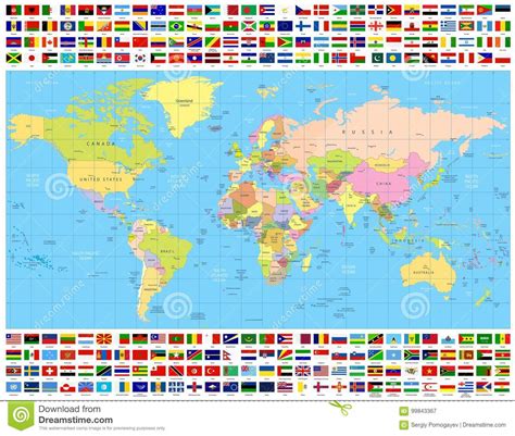 Colored World Map And All World Flags Collection Stock