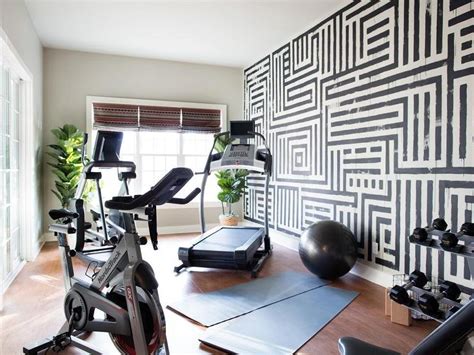 Black And White Home Gym With Graphic Hand Painted Wall Contemporary