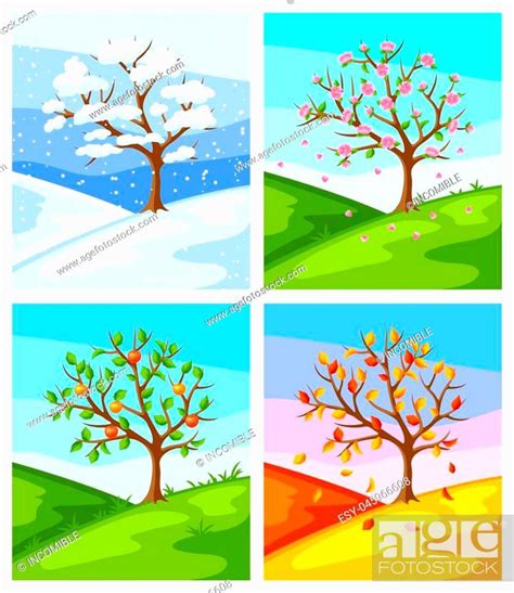 Four Seasons Illustration Of Tree And Landscape In Winter Spring