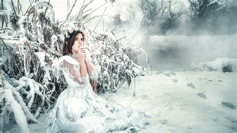 Wallpaper Women Snow Winter Artwork Dress Ice Spring Freezing