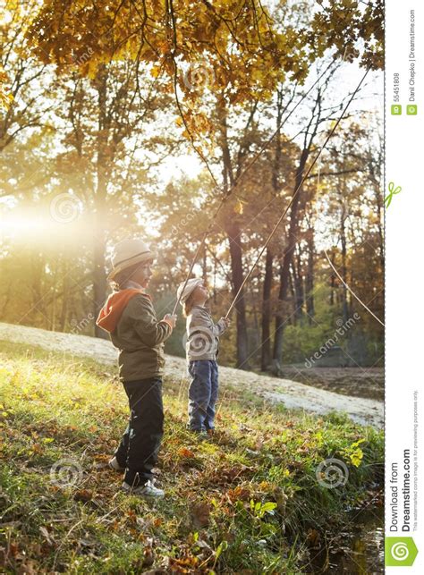 Happy Boys Go Fishing On The River Stock Photo Image Of Fisher