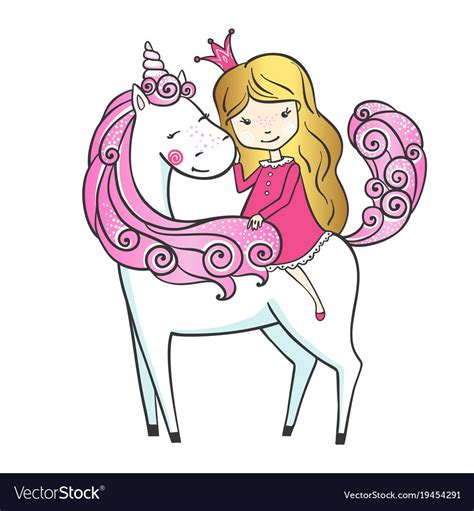 Cute Hand Drawn Unicorn With Little Princess Isolated On White
