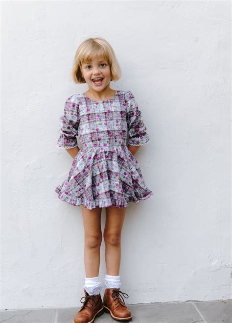 34 Sleeve Purple Plaid Floral Kids Fashion Little Girl Models